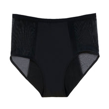 Load image into Gallery viewer, Heralogie&#39;s Stacie Brief is shown in this image. There are 2 mesh panels flanking a center panel which contains the gusset, or the absorbent center area. The absorbent fabrics line the underwear all the way up to the waistband on both sides. The period undies are black.
