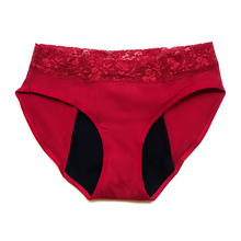 Load image into Gallery viewer, Heralogie&#39;s red bikini style period underwear is shown in this picture. The color is a vibrant red with hints of pink. The period underwear looks thin and comfortable. The gusset (center absorbent area) is black, while the rest of the underwear is red. There is a pretty lace waistband as well.
